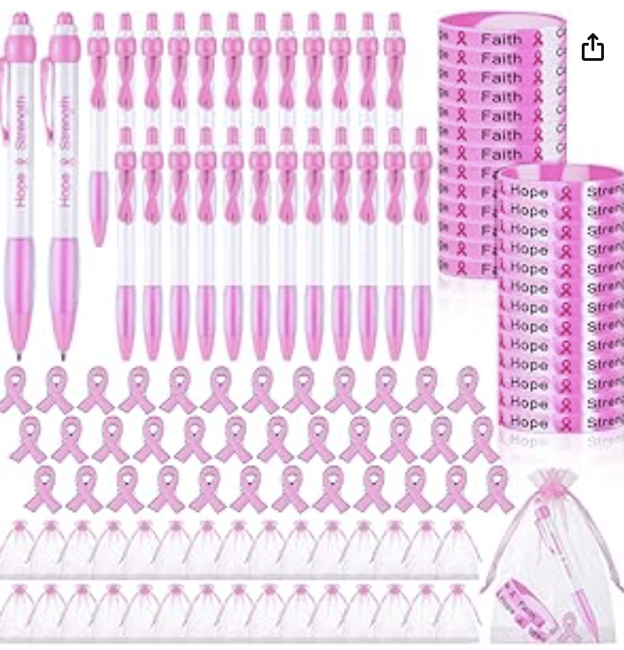 120 Pcs Breast Cancer Awareness Gifts 30 Pink Ribbon Retractable Pens Black Ink 30 Breast Cancer Awareness Bracelets 30 Pink Ribbon Lapel Pins and 30 Pink Organza Bag